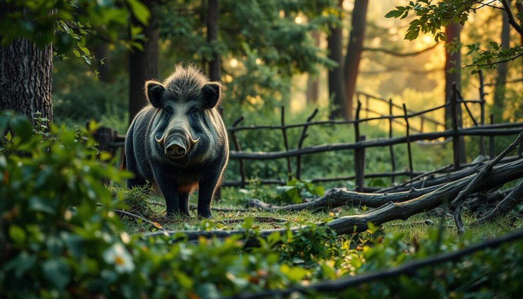 A rugged wilderness landscape in Germany, where a massive wild boar stands alert, its thick fur and muscular frame a testament to its hardy nature. In the foreground, lush green foliage and fallen branches create a sense of dense, untamed forest. The middle ground reveals a wooden fence, a barrier erected to protect against the boar's incursions. Soft, diffused sunlight filters through the canopy, casting warm, golden tones over the scene. The overall atmosphere conveys the delicate balance between human habitation and the encroaching wilderness, where efforts are made to coexist with these powerful, resilient creatures.