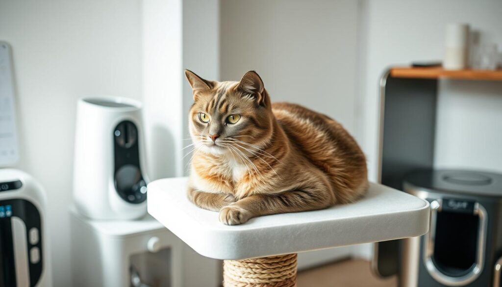 A sleek and modern domestic cat lounging on a high-tech cat tower, surrounded by innovative pet tech devices. The feline gracefully occupies the center of the frame, its fur gleaming under natural lighting. In the background, a minimalist, chrome-accented environment showcases various cat gadgets, from automated feeders to app-controlled litter boxes. The scene exudes an atmosphere of efficiency and sophisticated pet care, reflecting the advancements in "Moderne Katzentechnologien" to support cat owners.