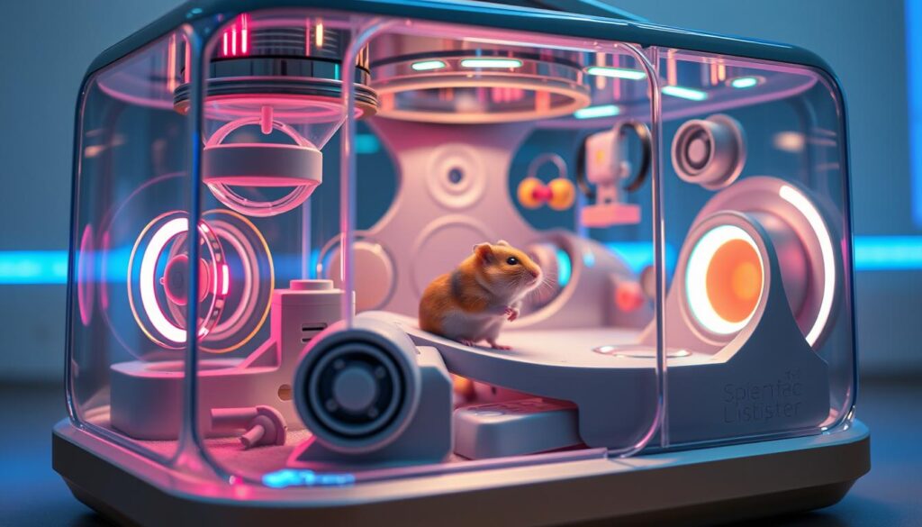 A sleek, modern hamster toy featuring a variety of interactive elements like spinning wheels, tunnels, and tactile surfaces. The enclosure is made of transparent acrylic panels, allowing the hamster to be fully visible. Vibrant LED lights illuminate the interior, creating an engaging, futuristic atmosphere. Sensors monitor the hamster's activity and adjust the toy's behavior accordingly, providing a stimulating and adaptive experience. The device is designed with clean, minimalist lines and a sophisticated silver and gray color palette, befitting the advanced 2025 technology. Shot on Sony A7R IV, clearly focused, sharply defined, polarizer filter, Hyperrealistic image.