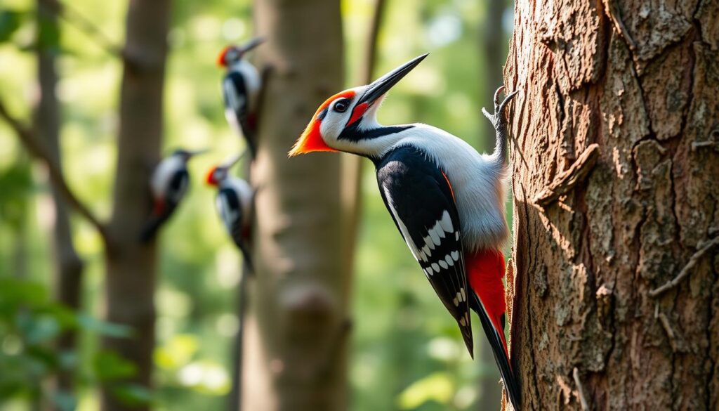 A vibrant and detailed comparison of a Buntspecht (European Woodpecker) with other woodpecker species. Shot on a Sony A7R IV with a polarizer filter, the image is sharply focused and hyperrealistic, revealing the distinctive features of the Buntspecht: its striking black, white, and red plumage, powerful beak, and energetic pose as it clings to the bark of a tree. In the foreground, the Buntspecht is prominently displayed, with other woodpecker species shown in the middle and background, allowing for a clear visual contrast and comparison of their size, coloration, and behavior. The scene is set in a lush, naturalistic forest environment, with dappled lighting and a sense of depth and atmosphere that draws the viewer into the scene.