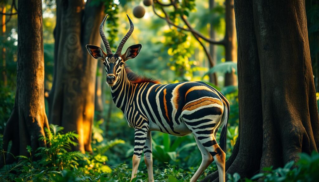A vibrant, hyperrealistic depiction of an Okapi standing majestically in a lush, verdant forest. The Okapi's distinct striped pattern is captured in exquisite detail, its fur glistening under the warm, natural lighting filtered through the canopy above. In the background, intricate tribal patterns and motifs adorn the trunks of ancient trees, showcasing the Okapi's deep cultural significance within its native habitat. The scene evokes a sense of reverence and harmony, with the Okapi serving as a iconic symbol of the rainforest's enduring mystery and wonder. Captured on a Sony A7R IV with a polarizer filter for maximum clarity and definition.