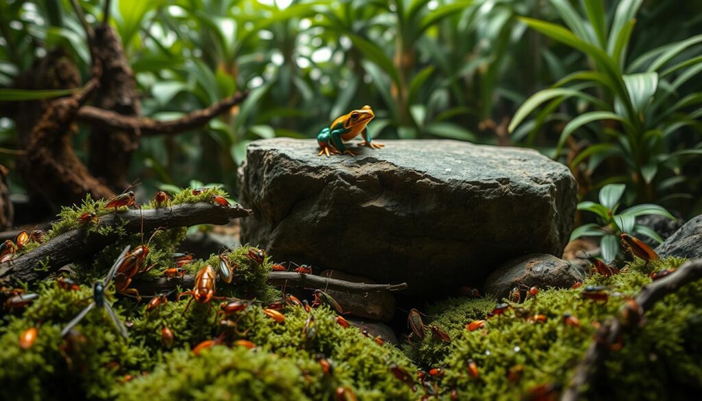 A vivid close-up of an assortment of nutritious insects and small amphibians in a lush, naturalistic terrarium setting. The foreground features a variety of live crickets, fruit flies, and other invertebrates crawling on dense moss-covered branches and rocks. In the middle ground, a colorful, non-toxic frog rests atop a large, flat stone, its vibrant skin and alert pose capturing its keen hunting instincts. The background depicts a densely planted backdrop of tropical foliage, creating an immersive, hyper-realistic environment. Soft, diffused natural lighting filters through the scene, accentuating the vivid colors and textures. Shot on a Sony A7R IV with a polarizer filter, the image is sharply defined and hyperrealistic in detail.