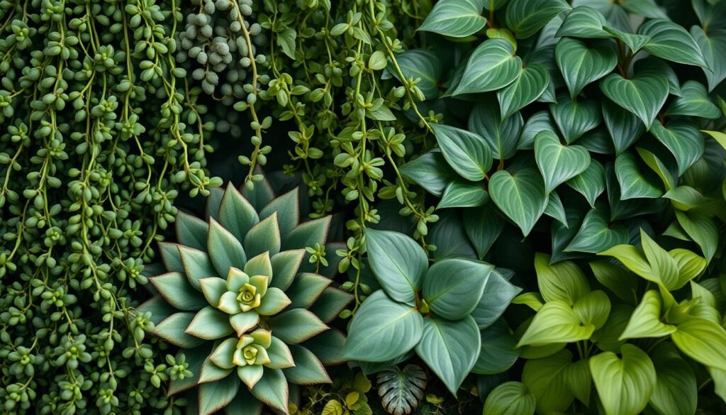 Shot on Sony A7R IV, a close-up view of a variety of pet-safe indoor plants, including dense-leaved succulents, trailing vines, and leafy pothos, arranged in a visually appealing composition. The lighting is soft and natural, accentuating the vibrant greens and subtle textures of the foliage. A polarizer filter enhances the depth and clarity, resulting in a hyperrealistic, sharply defined image that showcases these cat-friendly houseplants as effective preventive measures against potential ingestion hazards.