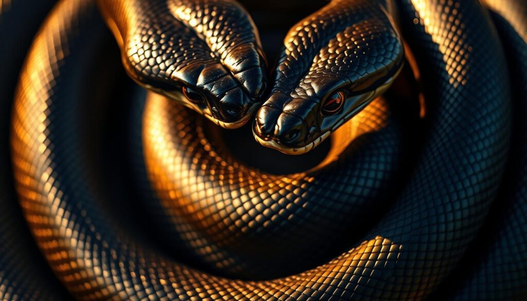 A breathtaking macro shot of two intertwined black mambas, their sleek bodies glistening as they coil and twist in a captivating mating dance. The snakes' piercing eyes lock in an intense, serpentine gaze, capturing the raw power and primal energy of their species' reproduction. The scene is bathed in warm, golden light, creating a sense of drama and reverence. Captured with a Sony A7R IV, the image is sharply defined and hyperrealistic, every scale and sinuous movement rendered with meticulous detail. A polarizer filter enhances the depth and richness of the blacks, making this a truly captivating depiction of the perilous, yet fascinating, mating rituals of the deadly black mamba.