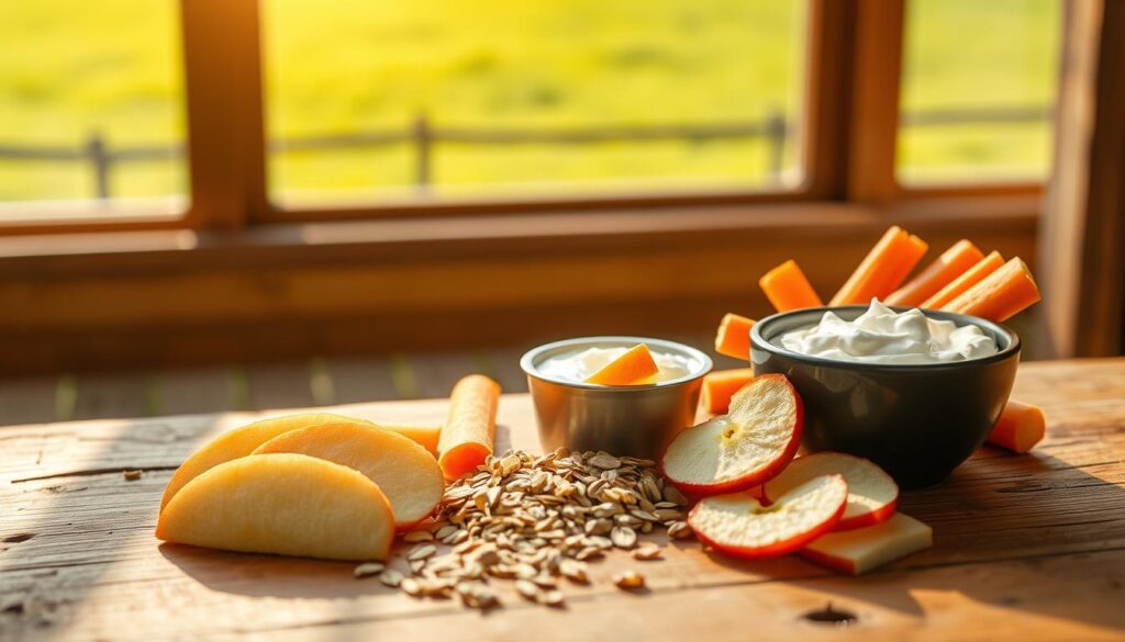 A bright, airy image showcasing an assortment of healthy horse treats on a wooden surface. In the foreground, sliced apple wedges, carrot sticks, and a handful of oats are neatly arranged. In the middle ground, a small bowl of unsweetened yogurt sits alongside a few dried apple slices. The background features a lush, green meadow visible through a large window, bathed in warm, natural sunlight. The scene conveys a sense of balanced nutrition and wholesome indulgence for the equine companion.