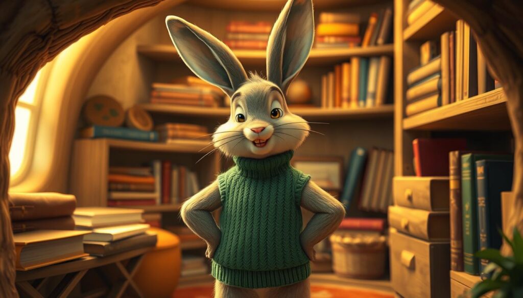 A cheerful, anthropomorphic Rabbit from the Winnie the Pooh universe, standing in a cozy, well-organized burrow. Rabbit is wearing a green sweater vest and has an expression of focused diligence, surrounded by neatly arranged shelves, books, and other meticulously organized items. Warm, golden lighting accentuates the scene, creating a sense of comfort and tranquility. Rabbit's pose conveys a sense of efficiency and attention to detail, reflecting the section's title "Rabbit - The Meticulous Organizer". Shot on Sony A7R IV, clearly focused, sharply defined, polarizer filter, Hyperrealistic image.