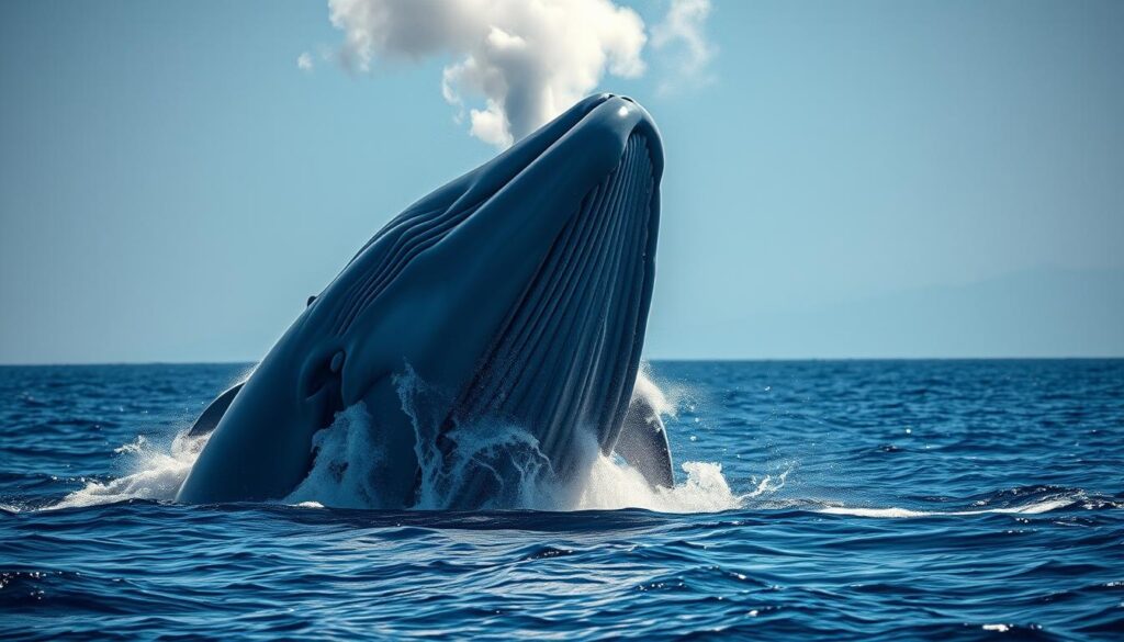 A colossal blue whale breaching the ocean's surface, its immense body surging upwards in a spectacular display of power. The creature's massive jaws agape, revealing its cavernous mouth capable of producing the loudest calls in the animal kingdom. Sunlight glimmers off its sleek, cerulean skin as it exhales a towering plume of mist, showcasing its impressive lung capacity. Captured in crisp detail by a Sony A7R IV, this hyperrealistic image conveys the sheer scale and acoustic dominance of the blue whale, the world's largest known loud speaker in the natural world.