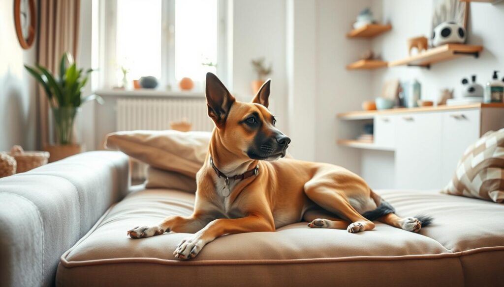 A contemporary apartment interior with a well-cared for Wohnungshund (domestic apartment dog) resting comfortably on a plush sofa. Soft natural lighting filters in through a large window, highlighting the dog's sleek, healthy coat. The dog's environment is clean, with thoughtfully placed toys, grooming supplies, and pet-friendly decor reflecting the owner's commitment to the dog's wellbeing. The scene conveys a sense of tranquility and the harmonious integration of a canine companion into an urban living space.