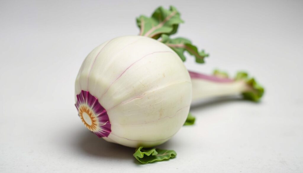 A crisp, close-up photograph of a fresh, vibrant kohlrabi bulb, its green leaves and purple-tinged stem resting on a clean, light-colored surface. The kohlrabi is the sole subject, positioned centrally and taking up the majority of the frame. The lighting is soft and diffused, creating subtle shadows that accentuate the vegetable's texture and contours. The focus is razor-sharp, capturing every intricate detail of the kohlrabi's distinctive shape and patterns. The image conveys a sense of purity, health, and the versatility of this nutritious vegetable, suggesting its suitability for use in high-quality dog food.