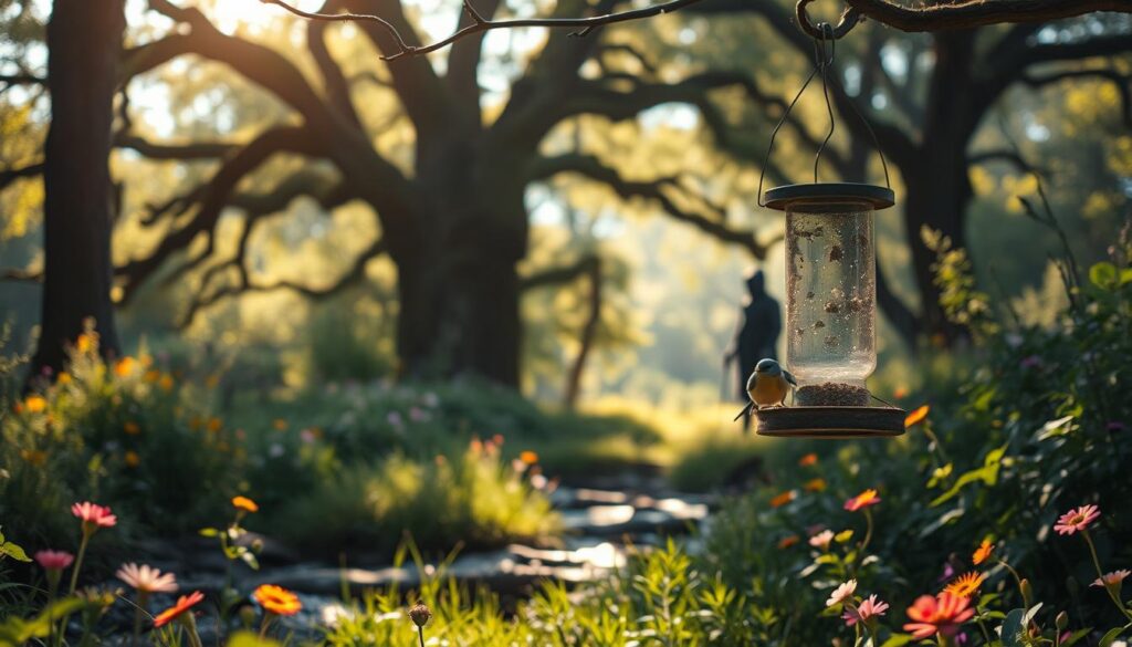 A lush forest meadow with towering oak trees and a babbling brook, where a stunning Blaumeise hops among the vibrant wildflowers. Sunlight filters through the canopy, casting warm, dappled shadows across the scene. In the foreground, a bird feeder hangs, drawing the attention of the delicate songbird. Yet, in the background, a menacing dark figure looms, representing the threats to the Blaumeise's peaceful habitat. Captured with a Sony A7R IV, this hyperrealistic image conveys the tranquility and the lurking dangers faced by this beloved avian species.
