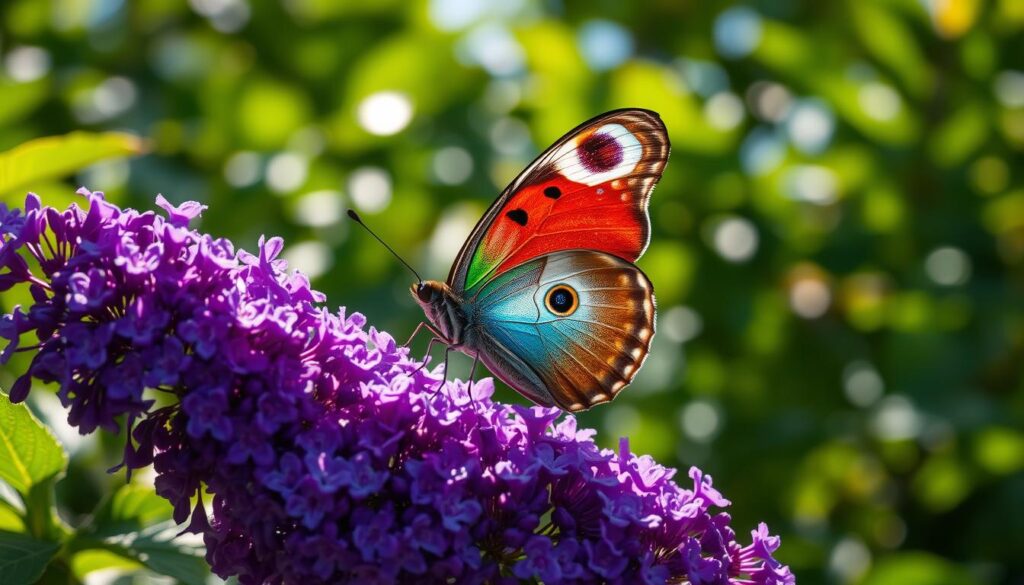 A magnificent Peacock Butterfly (Aglais io) perched on a vibrant purple Buddleja shrub, basking in the dappled sunlight filtering through the lush, verdant foliage. The delicate insect's iridescent wings, adorned with striking ocular patterns, are captured in crisp detail, inviting the viewer to marvel at the exquisite beauty of this remarkable creature in its natural habitat. The camera, equipped with a Sony A7R IV and a polarizer filter, has expertly framed the scene, accentuating the butterfly's graceful pose and the serene, tranquil atmosphere of the outdoor setting. This hyperrealistic image delivers a captivating and immersive experience, transporting the viewer to a moment of quiet observation in the heart of the natural world.
