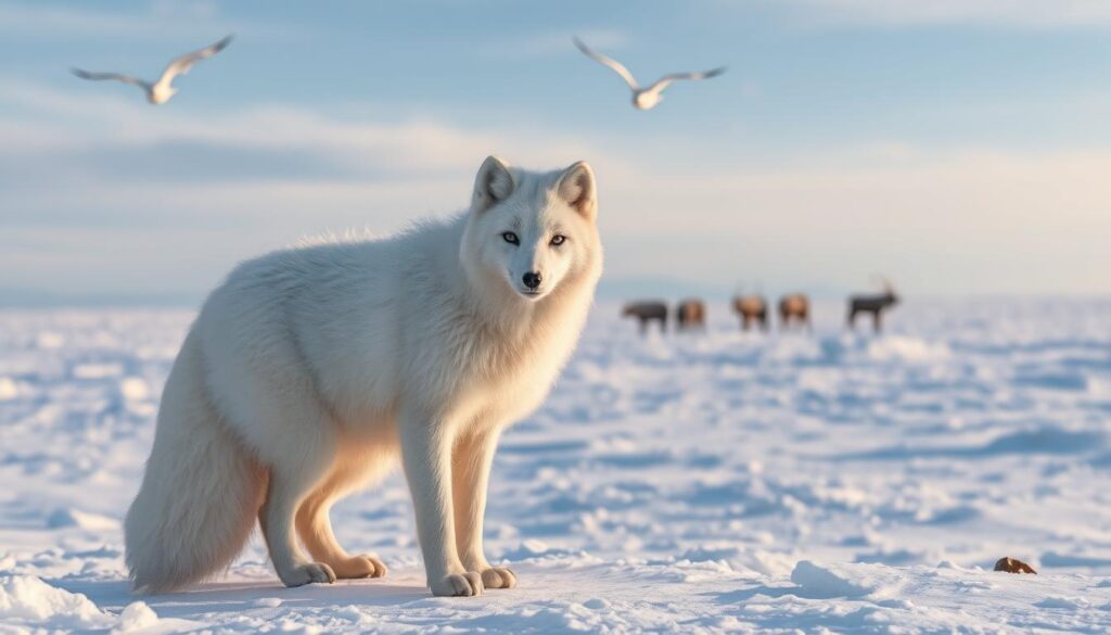 A majestic arctic fox, known as the "Polarfuchs", stands alert in its natural habitat, the frozen tundra of the Arctic. Its thick, white fur coat blends seamlessly with the snow-covered landscape, providing camouflage against predators. The fox's piercing gaze scans the horizon, its keen senses attuned to the slightest movement. In the distance, a herd of caribou grazes, while overhead, a flock of Arctic terns soars against a crystal-clear sky. The scene captures the delicate balance of the Arctic ecosystem, with the Polarfuchs playing a vital role in maintaining the intricate web of life.