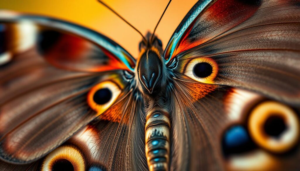 A stunning, hyperrealistic close-up of the eye-like markings on the wings of a Tagpfauenauge (Peacock) butterfly. Captured with a Sony A7R IV camera, the image showcases the intricate patterns and vibrant colors of this remarkable defense mechanism in sharp, polarized detail. The butterfly's eye-spots are the central focus, surrounded by soft, blurred feathery wing patterns in the foreground and background. The lighting is natural, warm, and evenly distributed, highlighting the texture and depth of the scales. This captivating image perfectly illustrates the unique and fascinating adaptations of the Tagpfauenauge.