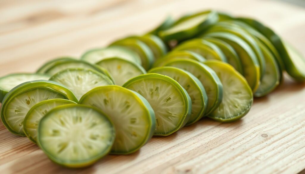 Kohlrabi Hundefutter Portionen: A high-quality, close-up photograph of carefully measured and arranged kohlrabi portions on a light wooden surface. The kohlrabi slices are evenly cut, displaying their vibrant green hues and distinctive textures. The lighting is soft and natural, creating a warm, inviting atmosphere. The focus is sharp, emphasizing the details of the kohlrabi and the precision of the portioning. The composition is balanced, drawing the viewer's attention to the subject matter. Captured with a Sony A7R IV camera, using a polarizer filter for enhanced clarity and definition.