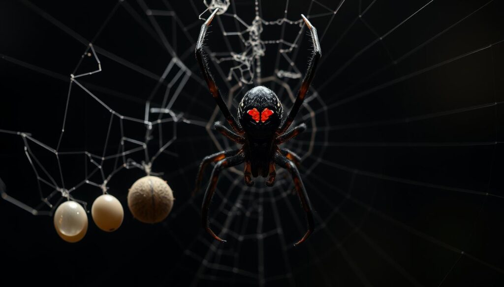 Lebenszyklus der schwarzen Witwe Spinnengröße: A meticulously detailed, hyperrealistic depiction of the life cycle of the black widow spider, shot on a Sony A7R IV with a polarizer filter. The foreground showcases the various stages of the spider's development, from the delicate egg sac to the mature, menacing adult, its iconic red hourglass marking prominently displayed. The middle ground reveals the spider's intricate web, capturing the essence of its predatory nature. The background immerses the viewer in a shadowy, moody environment, highlighting the spider's ominous presence. The lighting is dramatic and chiaroscuro-inspired, casting deep shadows and emphasizing the spider's imposing size and power.