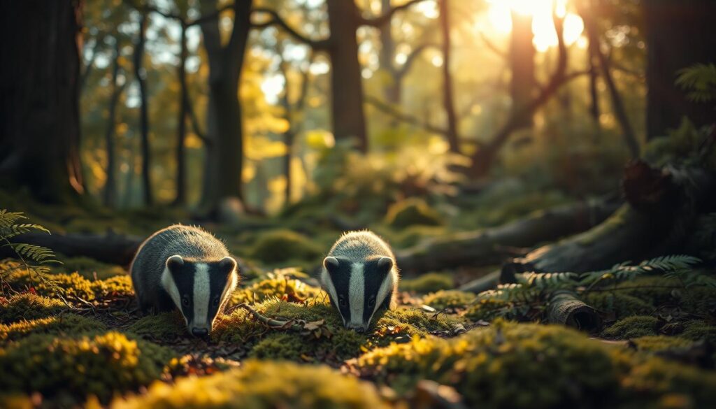 A curious badger forages in the lush, mossy underbrush of a dense, deciduous forest. Sunlight filters through the canopy of towering oak and beech trees, casting a warm, golden glow over the scene. The badger's distinctive black and white striped face peers intently as it sniffs the forest floor, searching for its next meal. In the background, ferns and fallen logs create a sense of depth and natural harmony. Shot on Sony A7R IV, clearly focused, sharply defined, polarizer filter, Hyperrealistic image.