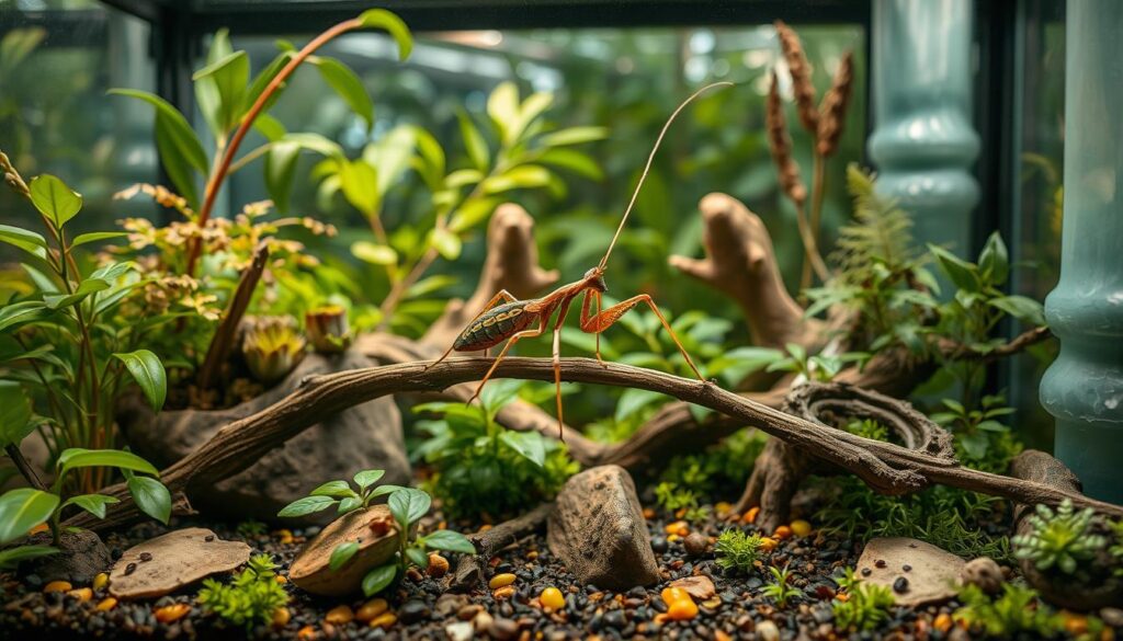 A detailed terrarium filled with a well-groomed Stabheuschrecke (stick insect). The insect is perched on a branch, its long limbs and intricate camouflage patterns clearly visible. The enclosure features lush, vibrant foliage, with a varied substrate and carefully placed decor elements. Natural lighting filters through the glass, casting soft shadows and highlighting the terrarium's pristine condition. The scene conveys a sense of order, cleanliness, and the thoughtful care required to maintain a healthy, thriving Stabheuschrecke habitat.