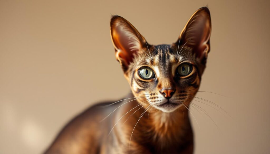 A richly detailed and elegantly composed portrait of an Oriental Shorthair cat, showcasing the breed's striking features. The feline subject is positioned centrally, with its piercing gaze and graceful posture commanding attention. The lighting is warm and soft, accentuating the cat's glossy coat and elegant features. The background is a muted, neutral tone, allowing the cat to be the focal point. The image captures the essence of the Oriental Shorthair's regal and refined appearance, perfectly suited to illustrate the "Auswahl einer Orientalischen Kurzhaarkatze" section of the article.