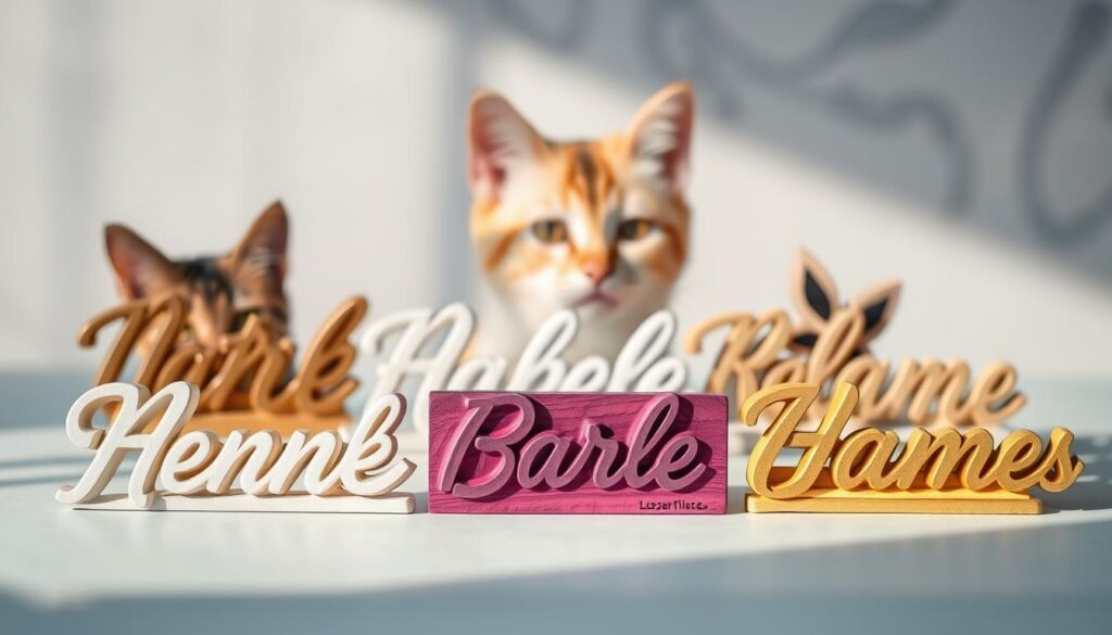 A vibrant display of rare female cat names, artfully arranged against a serene backdrop. A soft, natural lighting illuminates the delicate textures and intricate details of each unique nameplate, crafted with care and precision. The composition effortlessly balances the foreground's focal point with a subtly blurred middle ground and a gently out-of-focus background, creating a sense of depth and visual harmony. Captured with a Sony A7R IV, this hyperrealistic image invites the viewer to explore the beauty and diversity of these special feline monikers, setting the stage for a thoughtful discussion on the selection criteria for the perfect cat name.