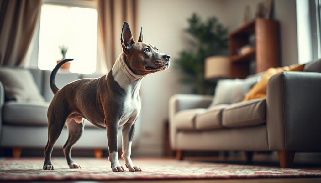 A well-trained mini bull terrier, its muscles rippling beneath a sleek coat, stands attentively, focused on its owner's commands. The handler, clad in casual attire, demonstrates positive reinforcement techniques, rewarding the obedient pup with a treat. Soft, natural light filters through the window, casting a warm glow on the scene. The background is a cozy, inviting living room, with minimal distractions, allowing the viewer to concentrate on the training process. The overall atmosphere conveys a sense of trust, patience, and the strong bond between the dog and its human companion.