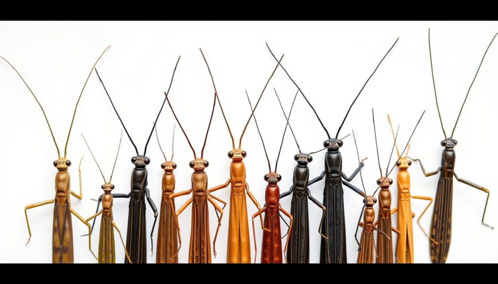 Meticulously detailed comparison of various stick insect species, showcased against a crisp white backdrop. Prominently displayed are the distinctive physical characteristics, postures, and coloration patterns that distinguish each unique variety. The image is captured with a Sony A7R IV, using a polarizer filter to enhance contrast and clarity. The lighting is natural and evenly distributed, creating a clean, hyperrealistic depiction that allows the viewer to closely examine and appreciate the nuanced differences between these fascinating insects.