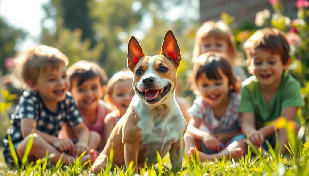 Playful Mini Bullterrier sitting among a group of happy, laughing children in a bright, sun-dappled garden. The dog's muscular yet compact build and alert, friendly expression convey its gentle, affectionate nature as it interacts with the delighted youngsters. Soft, diffused natural lighting casts a warm, inviting glow over the scene, captured with a polarizer filter to enhance color and contrast. Crisp, hyperrealistic detail reveals every endearing expression and interaction, creating a heartwarming, slice-of-life portrait.