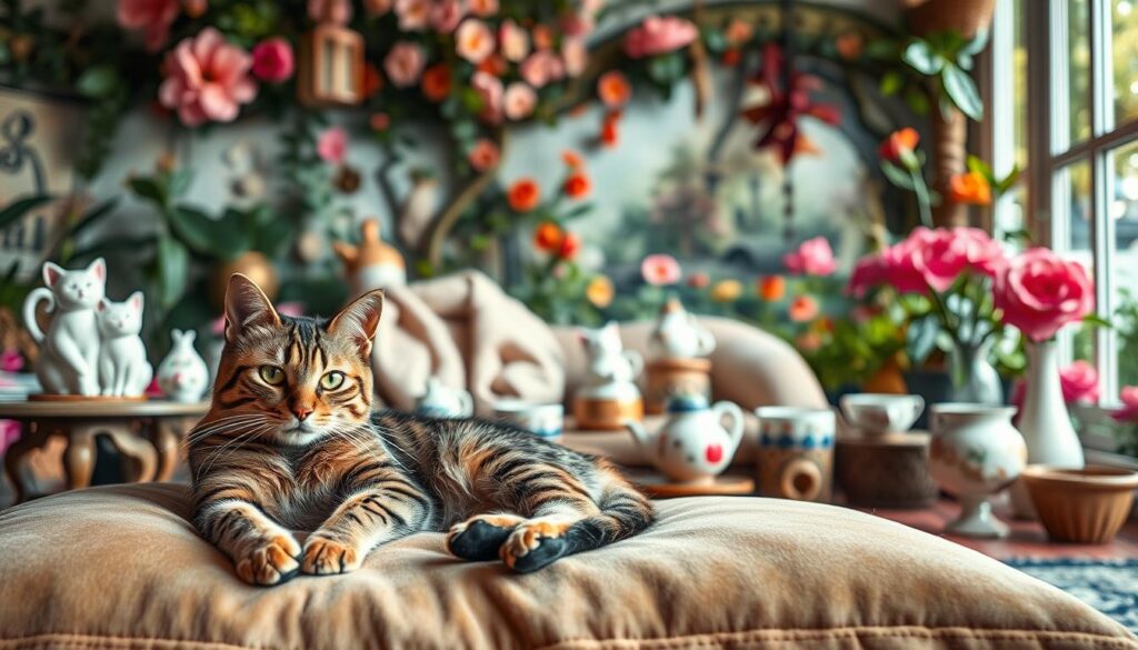 Shot on Sony A7R IV, a feline fantasy world with vibrant colors and intricate details. In the foreground, an elegant tabby cat lounges on a plush, velvet cushion, its eyes sparkling with mischief. The middle ground features a whimsical array of cat-themed decor, including ceramic figurines, a plush throw, and a set of hand-painted porcelain bowls. In the background, a lush, enchanted garden bursts with blooming flowers and lush foliage, creating a serene and magical atmosphere. Lighting is soft and diffused, with a polarizer filter adding depth and dimension to the scene. The overall impression is one of cozy, comfortable luxury, perfectly capturing the essence of "Kreative Katzennamen Inspiration" for the "Lieblingsnamen von Katzenliebhabern" section.