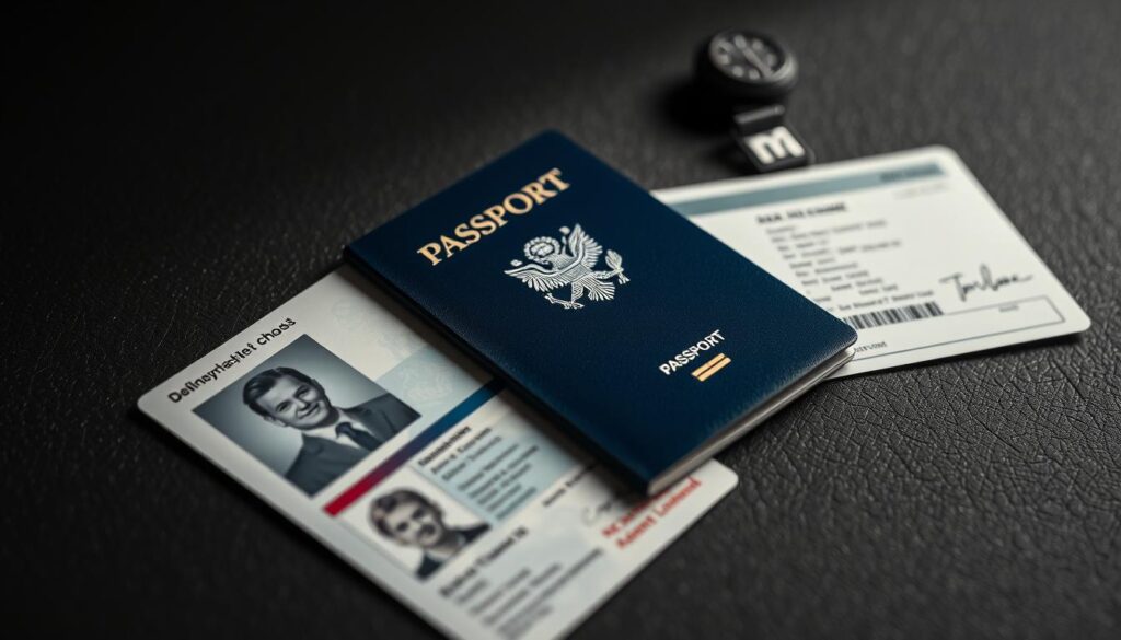 A high-resolution image of a set of official identity documents, including a passport, ID card, and driver's license, meticulously displayed on a dark, textured surface. The documents are illuminated by a soft, directional light, creating subtle shadows and highlights that accentuate their intricate details. The overall composition conveys a sense of authenticity, professionalism, and attention to detail, reflecting the focus on "Seriöse Züchter und geprüfte Identitätspapiere im Fokus" in the article.