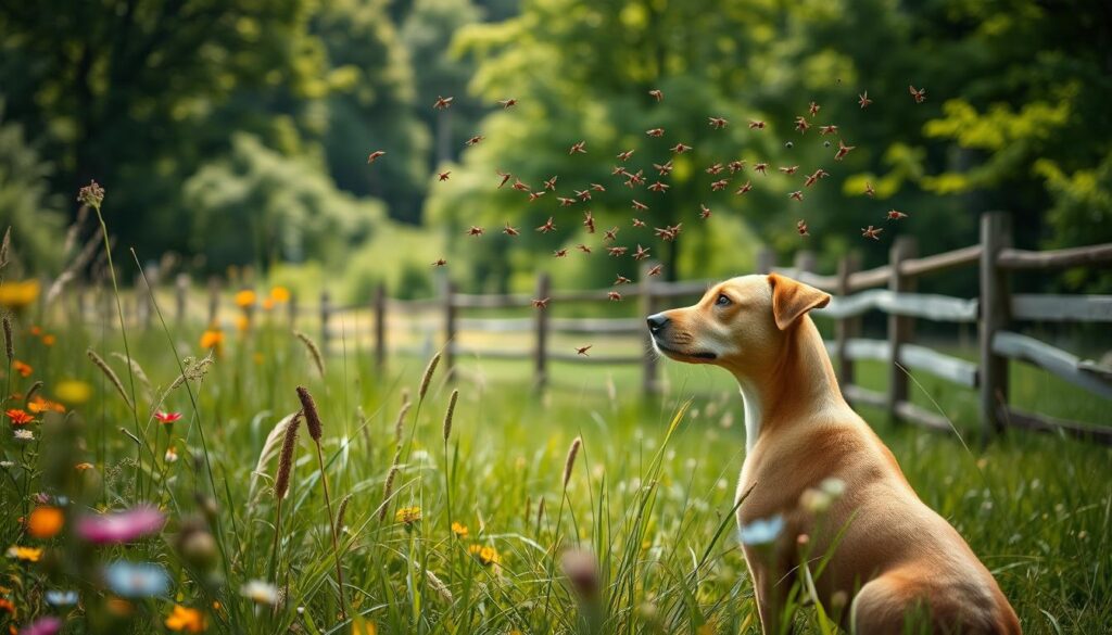 A lush, verdant meadow in late summer, dotted with wildflowers and tall grasses swaying gently in the warm breeze. In the foreground, a canine companion pauses, alert and attentive, as a swarm of deer keds, or Hirschlausfliegen, flutter and dance around its head. The dog's coat is sleek and healthy, protected by an effective preventative treatment against these persistent parasites. In the middle ground, a wooden fence line runs along the edge of the meadow, offering a natural barrier against the insects. The background is a tranquil forest, the dappled sunlight filtering through the lush canopy, creating a serene and calming atmosphere. Shot on a Sony A7R IV with a polarizer filter, the image is sharply defined, hyperrealistic, and captures the essence of efficient prevention and protective measures against the Hirschlausfliege.