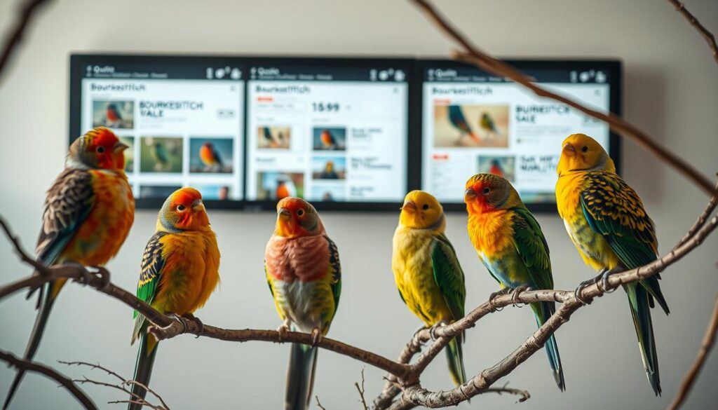 A meticulously detailed comparison of Bourkesittich offers on popular online platforms like Quoka, Tiermarkt, and similar. In the foreground, various Bourkesittich birds perched on tree branches, showcasing their vibrant plumage and unique characteristics. In the middle ground, a collage of device screens displaying listings and advertisements for Bourkesittich sales. In the background, a clean, minimalist backdrop with soft, warm lighting to highlight the subject. Crisp, high-resolution, and hyperrealistic image captured with a Sony A7R IV camera and polarizer filter for maximum clarity and depth of field.