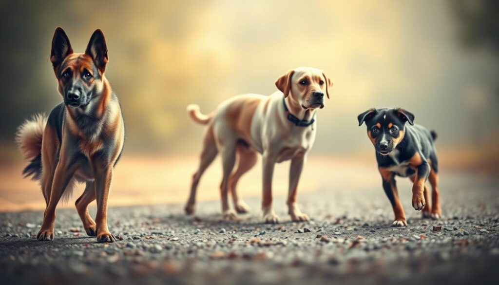 A photorealistic image of various dog breeds, each showcasing unique joint issues they may face. In the foreground, a proud German Shepherd with slight hip dysplasia, standing tall yet favoring one hind leg. In the middle ground, an elderly Labrador Retriever carefully navigating the scene, joints visibly stiff. Further back, a young Bernese Mountain Dog puppy playfully hopping, hinting at the potential for elbow/shoulder problems. Soft, natural lighting illuminates the scene, creating a warm, documentary-style feel. The overall composition emphasizes the diversity of canine joint challenges, conveying the nuanced realities facing different dog breeds.