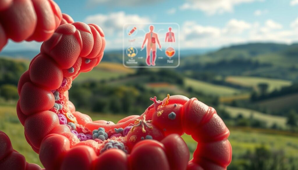 A vibrant, detailed image showcasing a healthy canine gut microbiome. In the foreground, a cross-section of the small intestine reveals a diverse array of beneficial gut bacteria, their intricate structures and vibrant colors illuminated under a polarizing lens. In the middle ground, a schematic representation of the complex interplay between the gut flora, immune system, and overall canine health. In the background, a naturalistic landscape of rolling hills and lush greenery, symbolizing the harmony of a balanced digestive ecosystem. Shot with a Sony A7R IV, this hyperrealistic image captures the vital importance of maintaining a robust, diverse gut microbiome for canine wellbeing. A vibrant, detailed image showcasing a healthy canine gut microbiome. In the foreground, a cross-section of the small intestine reveals a diverse array of beneficial gut bacteria, their intricate structures and vibrant colors illuminated under a polarizing lens. In the middle ground, a schematic representation of the complex interplay between the gut flora, immune system, and overall canine health. In the background, a naturalistic landscape of rolling hills and lush greenery, symbolizing the harmony of a balanced digestive ecosystem. Shot with a Sony A7R IV, this hyperrealistic image captures the vital importance of maintaining a robust, diverse gut microbiome for canine wellbeing.