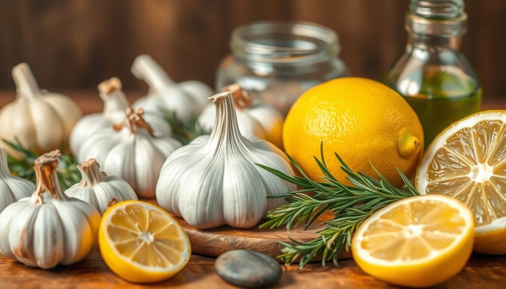 A vibrant, natural-looking image of a variety of common household items arranged on a wooden surface, including garlic, lemon, rosemary, and other herbal remedies. The scene is well-lit, with soft, warm lighting from the side, casting gentle shadows and highlighting the textures and colors of the ingredients. The composition is balanced, with the items strategically placed to create an appealing, visually striking display. The overall mood is one of simplicity, authenticity, and the timeless wisdom of natural healing methods.