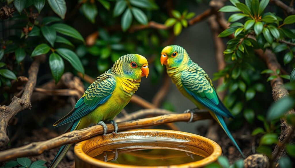 Artgerechte Haltung Bourkesittich: A vibrant and naturalistic enclosure for a pair of Bourke's parakeets, featuring lush foliage, natural perches, and a shallow water dish. The birds are depicted in a tranquil state, their feathers shimmering with intricate patterns in the soft, diffused lighting. The scene conveys a sense of harmony and well-being, capturing the ideal environment for these delicate, ground-dwelling parrots. The high-resolution, polarized image showcases the beauty and unique behaviors of these charming companions, as if captured through the lens of a professional nature documentary.