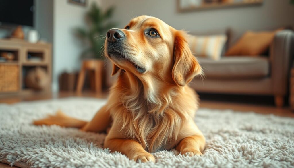 Calm and soothing image of a dog experiencing a hiccup. A golden retriever sitting on a soft, plush rug, its head tilted slightly to the side, eyes wide with a playful expression. The dog's fur is meticulously detailed, shimmering in the soft, diffused lighting. In the background, a blurred, cozy living room with warm, earthy tones, creating a sense of comfort and relaxation. The scene is captured with a shallow depth of field, drawing the viewer's attention to the dog's gentle features. Shot on Sony A7R IV, clearly focused, sharply defined, polarizer filter, Hyperrealistic image.